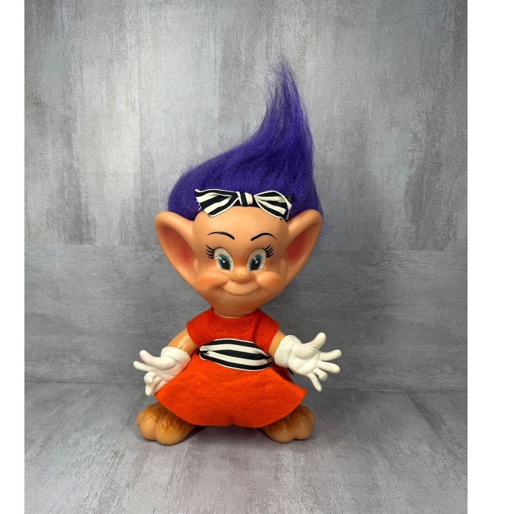 Vintage 1973 Royalty Industries Troll Doll Purple Hair Orange Dress 8 Inch